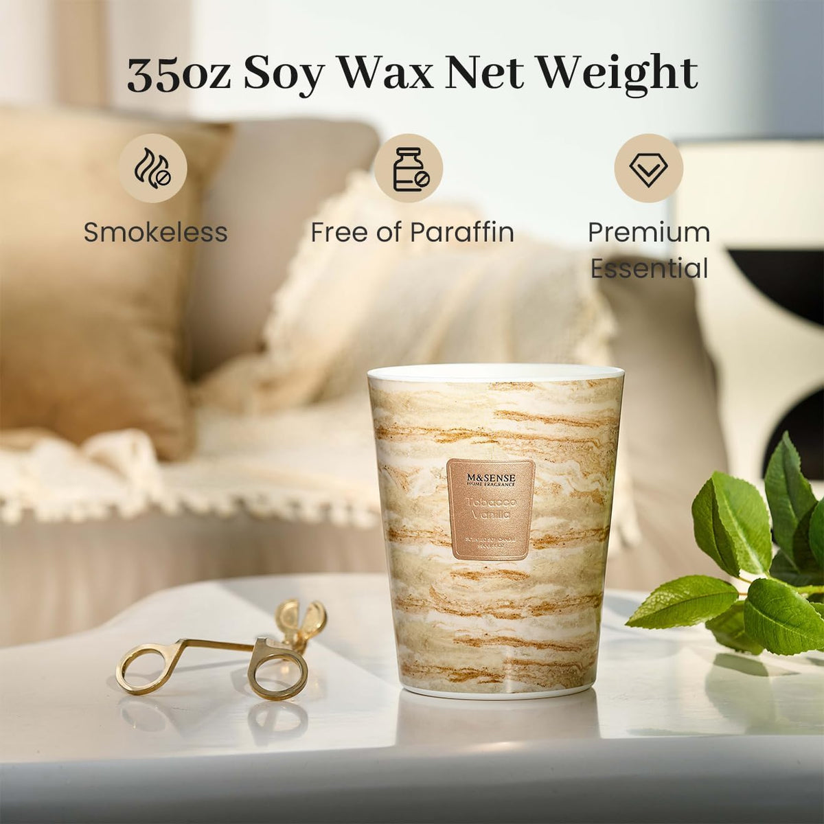 M&SENSE TobaccoVanilla Scented Candles for Home, 3-Wick Highly Scented Jar Candles, Extra Large Candle 35 Oz 150 Hours Long Lasting Burning, Relaxing Aromatherapy Candle for Stress Relief, Meditation