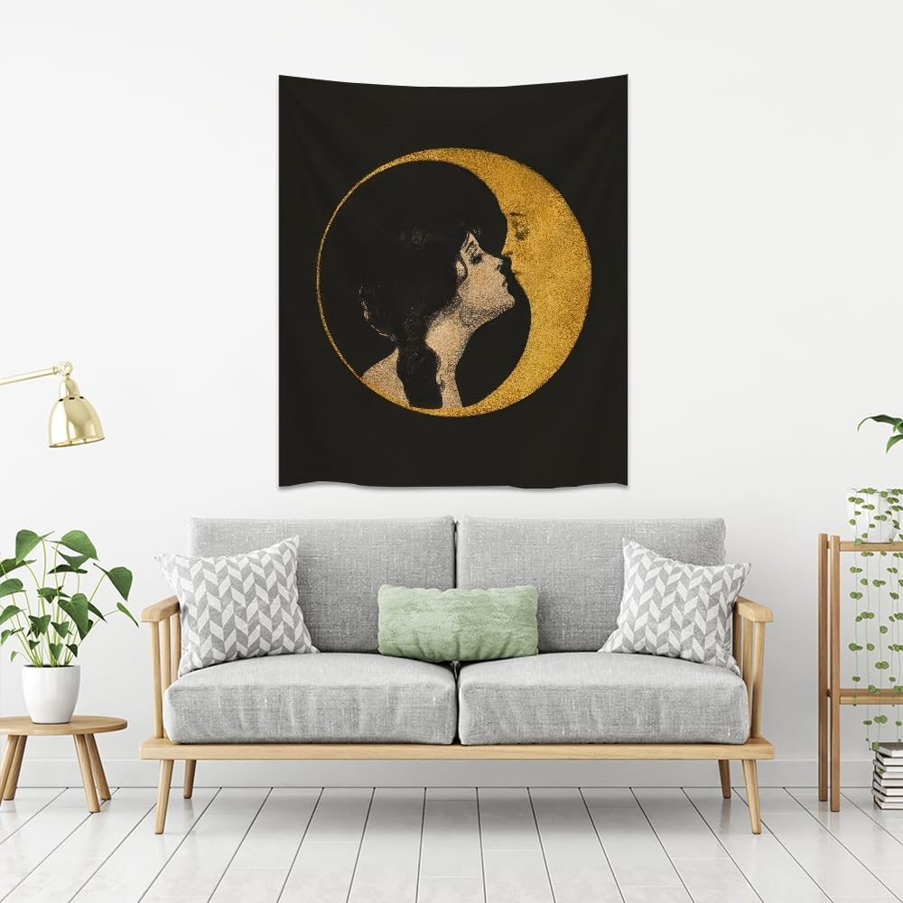 Dark Academia Woman Kissing Moon Art Tapestry Gothic Aesthetic Wall Hanging Witchy Picture Print Moon Goddess Tapestries Wall Decor for Living Room Bedroom Dorm 50x60inch