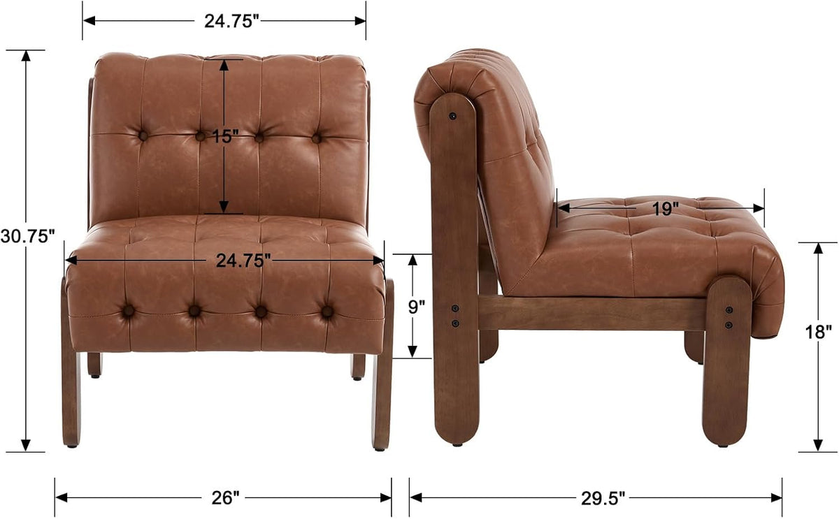 Modern Armless Accent Chair Set of 2 for Living Room, Brown PU Leather Button Tufted Upholstered Lounge Reading Chair with Walnut Wood Frame