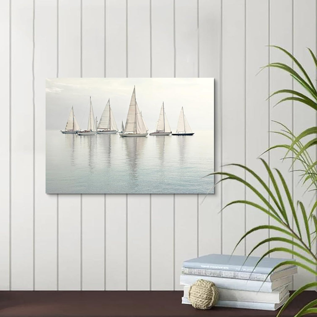 Nautical Sailing Picture Wall Art - Coastal Sailboat Canvas Ocean Ship Prints Sea Level Boat Painting Artwork for Bathroom