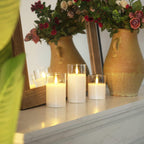 Homemory Clear Glass Flameless Candles, Pure White Wax Battery Operated Candles, LED Pillar Candles with Remote Control and Timers, D3 H4 5" 6", Set of 3