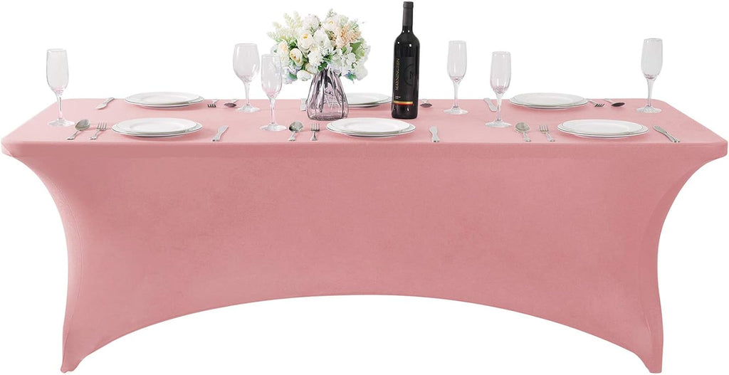 SuperO Waterproof Spandex Table Cover for 8FT Table Universal Fitted Stretch Tablecloth for Party, Banquet, Wedding and Events-Dusty Pink