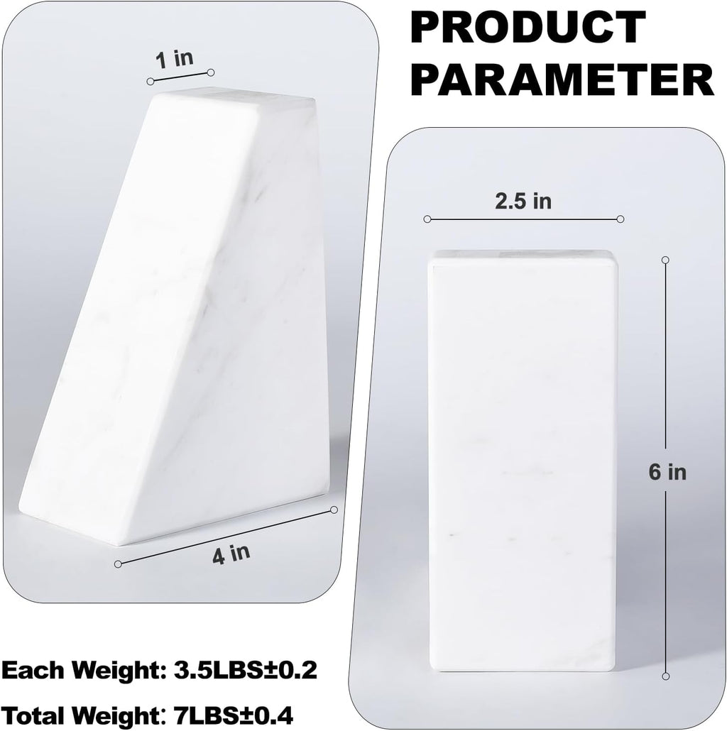 Marble Bookends for Heavy Books, Decorative Book Ends for Shelves, White Stone Durable and Heavy-Duty Book Ends for Hardback Books & CDS, Unique Book Stopper & Holder, Set of 2