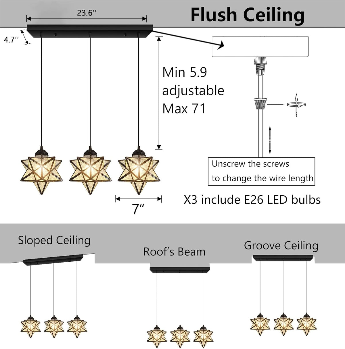 Modern Farmhouse Glam Chandelier Dining Room Glass Star Pendants Light Fixture Kitchen Island LED Ceiling Hanging Lights Included Warm Light Bulbs Black
