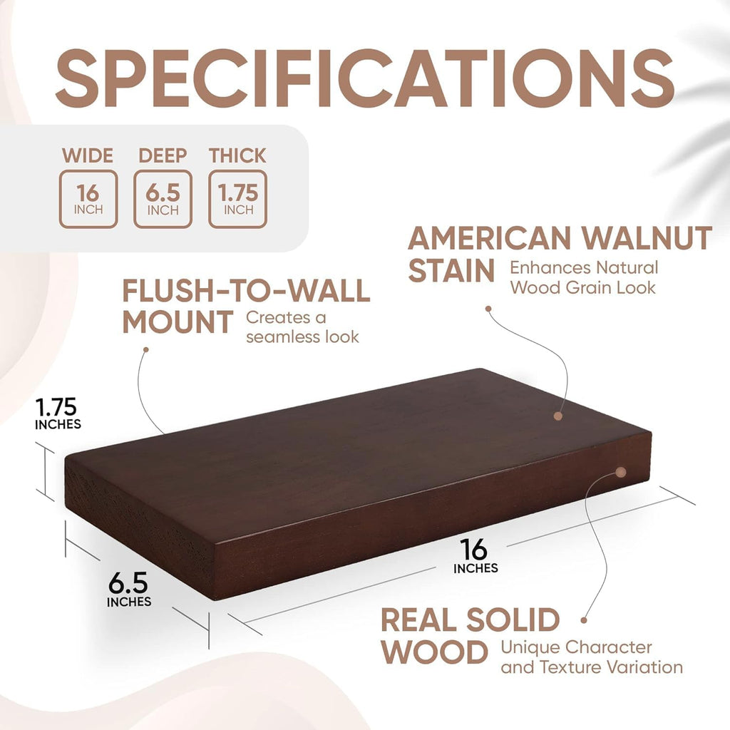 Homeforia Walnut Floating Bathroom Shelves, High End Solid Real Wood 16 inch Small Floating Shelf for Wall Mounted, Dark Brown 16inch Floating Shelves, Heavy Duty Bracket, 16 X 6.5 X 1.75 in, Set of 3