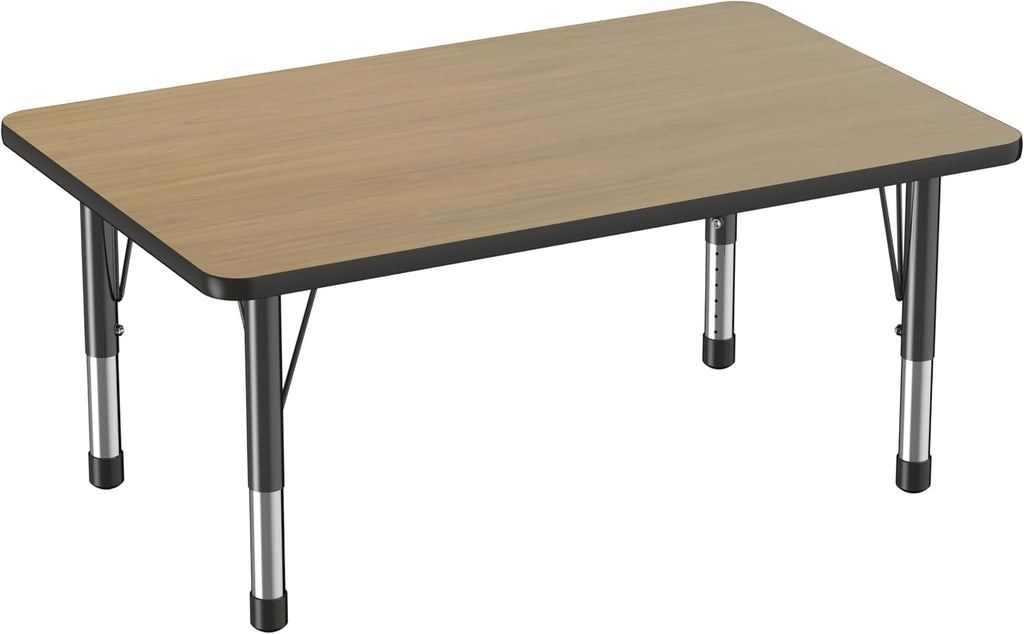 Factory Direct Partners FDP Rectangle (30 x 48 inch) Classroom Table with Adjustable Chunky Toddler Legs (15-24 in); Preschool, Kinder and Daycare Furniture - Pasadena Oak Top/Black Edge and Legs