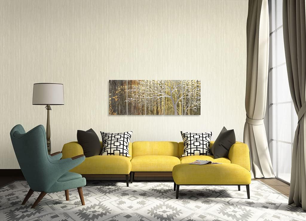 Yihui Arts Gold Metal Wall Art Handcrafted Tree on Aluminum Artwork Modern Forest Pictures with 3D for Living Room Bedroom Kitchen Decor