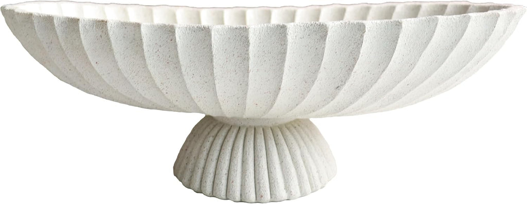 14.5" Large Decorative Long Bowl - Light Gray Fluted Scalloped Decorative Bowls for Home Decor - Ruffle Decor,Stylish Key Bowl for Entry Table,Decorative Fruit Bowl for Kitchen Counter