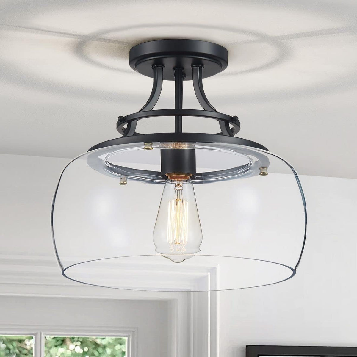 WUZUPS Chandelier Rustic Farmhouse Industrial Round Semi-flushmount Ceiling LED Light Fixture with Clear Glass Shades for Bathroom Kitchen Foyer Entryway, H 11.8" x W 13.4", E26 Base, Black