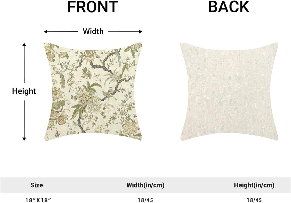 CXMEIFLY Spring Floral Birds Pillow Covers 18 x 18 Inch Set of 2 for Chinoiserie Flowers Decor Throw Pillows Sage Green Plant Outdoor Decorative Cushion Cases for Couch Bed Decorations