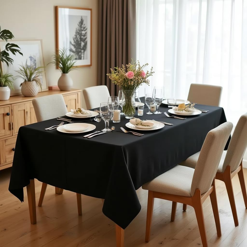 sancua Rectangle Tablecloth - 90 x 132 Inch - Water Resistant Spill Proof Washable Polyester Table Cloth, Decorative Fabric Table Cover for Dining Tables, Buffet Parties and Camping, Black