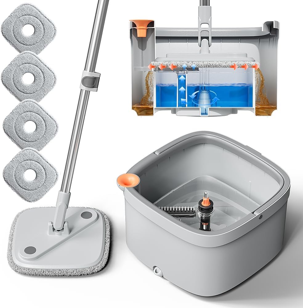 KZKR Spin Mop and Bucket Set with Self Separation Dirty and Clean Water System, Self Wringing 360° Rotating Square Mop Head for Home Floors Cleaning (1.0 Mop and Bucket Set (4 Pads))