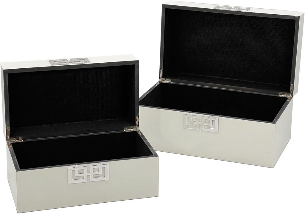 Galt International Storage Box Set Decorative Storage Box w/Hinged Lid Classic Design Wood Decor Boxes with Geometric Clasp Storage for Bedroom & Home - Set of 2 (White & Silver)