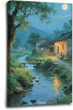 Moonlight under the big tree creek cabin scenery is suitable for posting in the living room bedroom office scenery poster wall painting