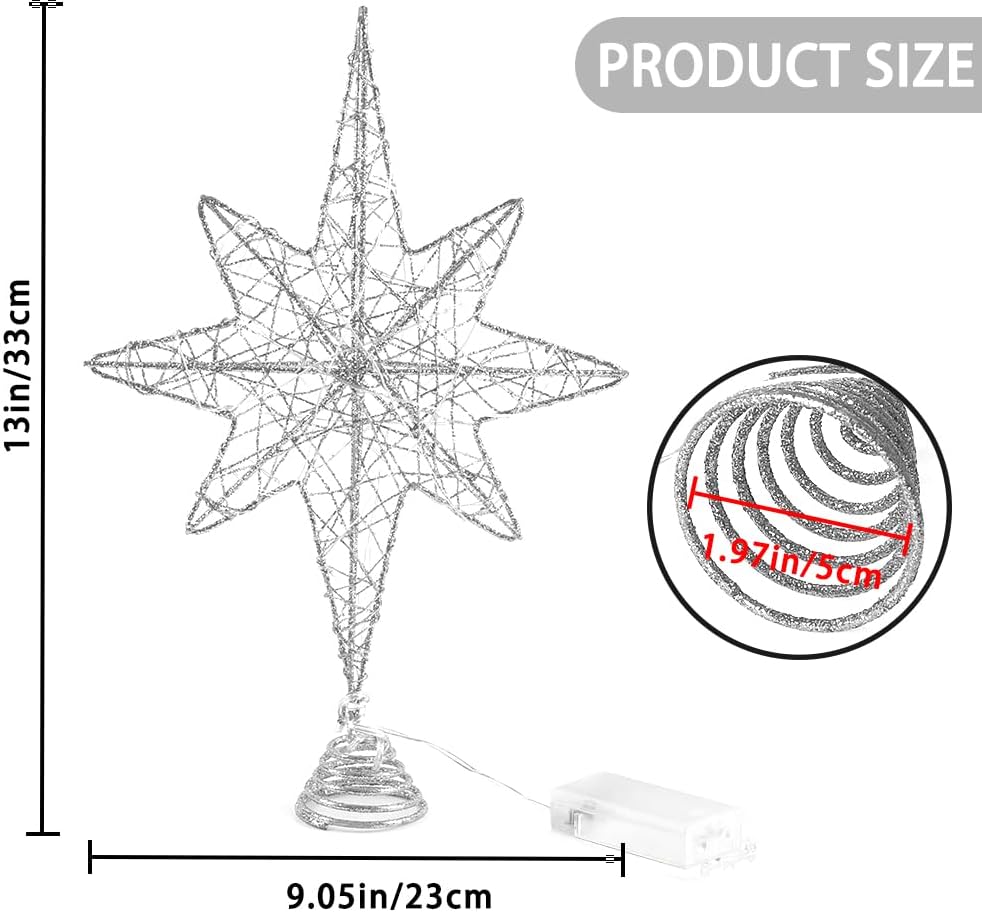 Christmas Tree Topper 13.5” Silvery Star Tree Toppers with 20 LED Lights for Christmas Tree Decorations, Xmas Tree Top Ornament for New Year Holiday Home Office Indoor