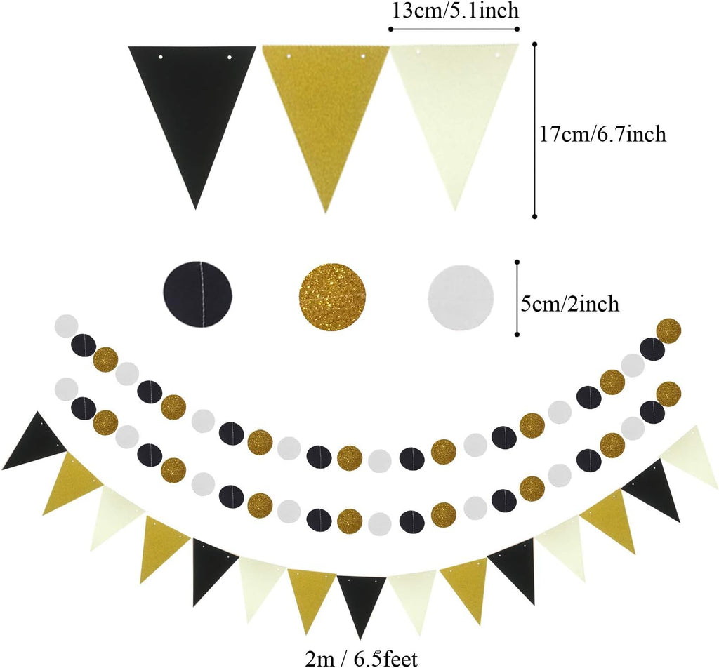 ZERODECO Party Decoration, 21 Pcs Black and Gold Hanging Paper Fans, Pom Poms Flowers, Garlands String Polka Dot and Triangle Bunting Flags for Birthday Parties Wedding Décor, Table & Wall Decorations