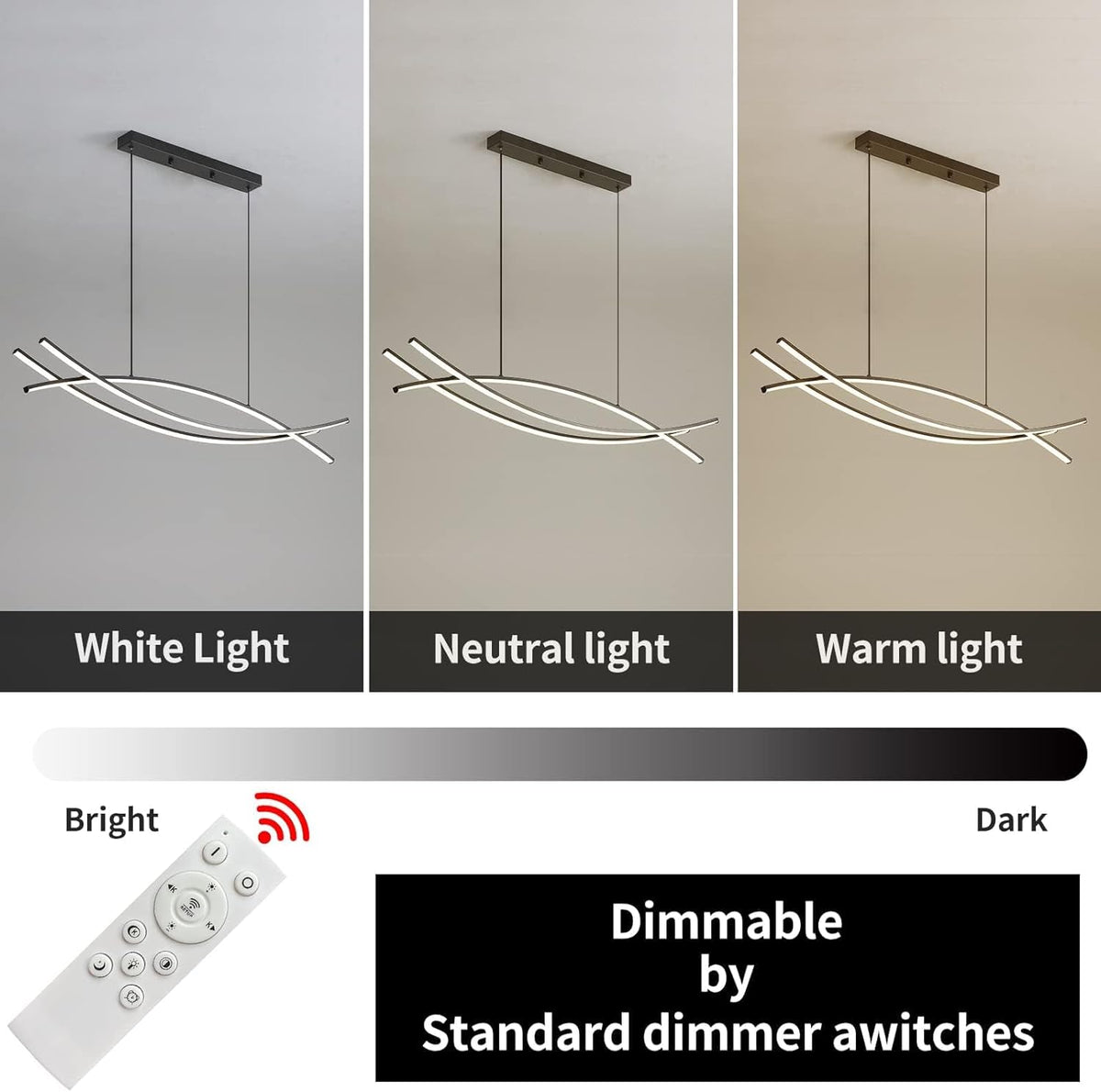 Modern Chandelier, Linear Pendant Light LED Dimmable Hanging Light Fixture, 3000K-6500K with Remote Control (Black, 47IN)