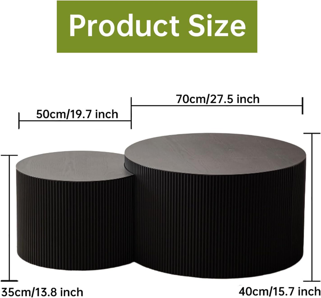 Round Nesting Coffee Table Modern Black Fluted Coffee Table Set of 2 for Living Room Circle Drum Coffee Tables Round Nesting Tables Crescent Side Accent End Table for Small Space (Black A 27in)