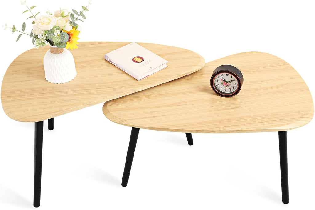 Wood Nesting CoffeeTable Set of 2 Irregular Accent Table for Living Room Bedroom Industrial Small Stacking Side Tables for Couch,Natural