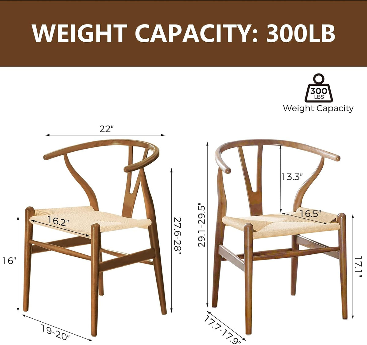 Wishbone Chair Natural Solid Wood Dining Chair/Hans Vegner Y Chair Rattan and Wood Accent Armrest Chairs (Ash Wood - Walnut)