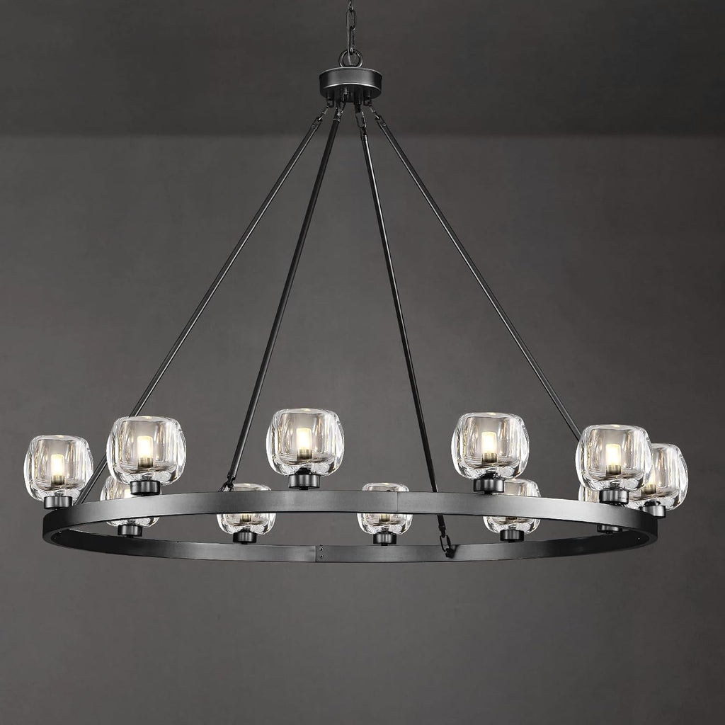 Black Wagon Wheel Chandelier, 48 Inch Black Chandeliers with Unique Glass Shade, 12-Light Crystal Large Wagon Wheel Chandeliers for Dining Room, High Ceiling Round Chandelier for Living Room, Foyer