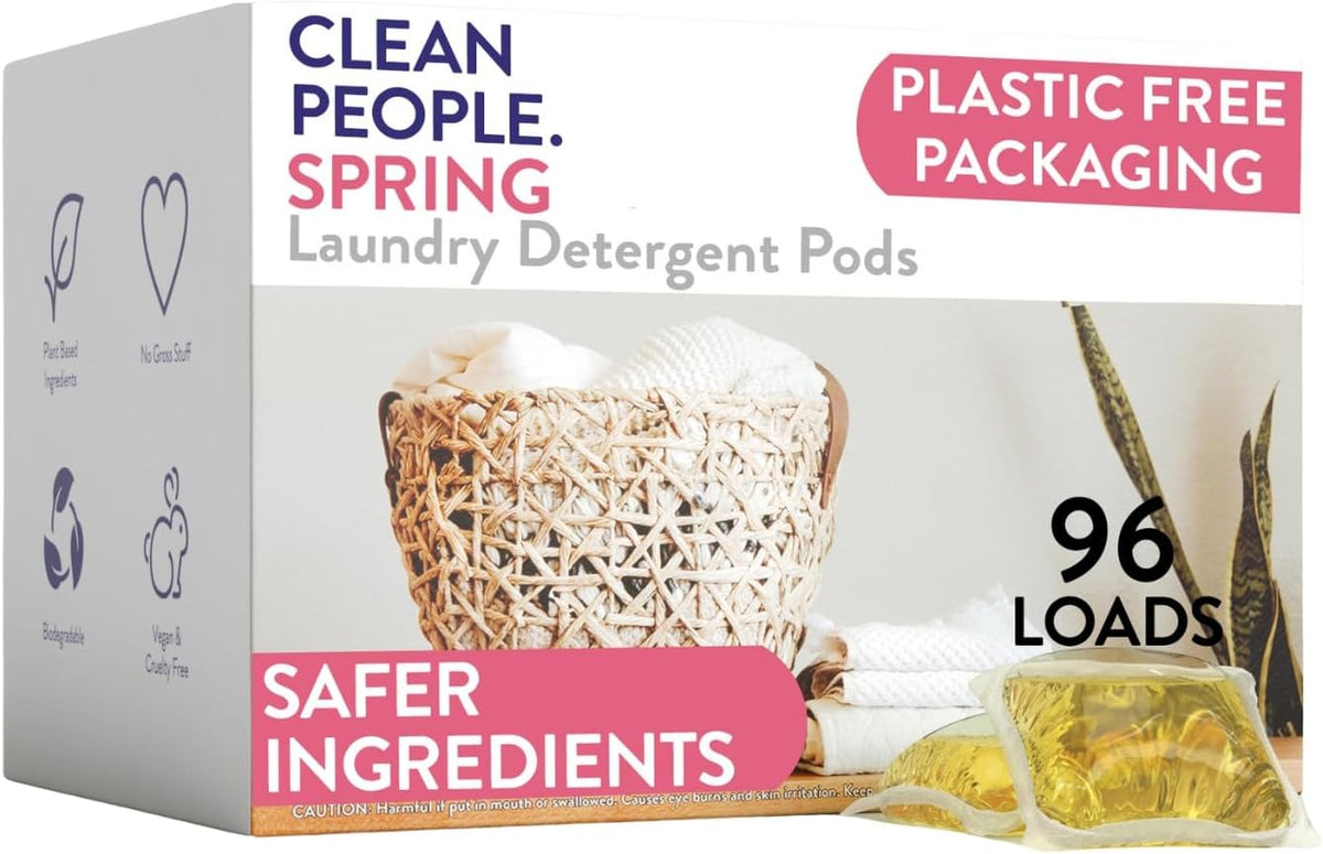 The Clean People Laundry Detergent Pods - Hypoallergenic Laundry Pods - Ultra Concentrated, Recyclable Packaging, Stain Fighting - Spring Scent, 96 Pack