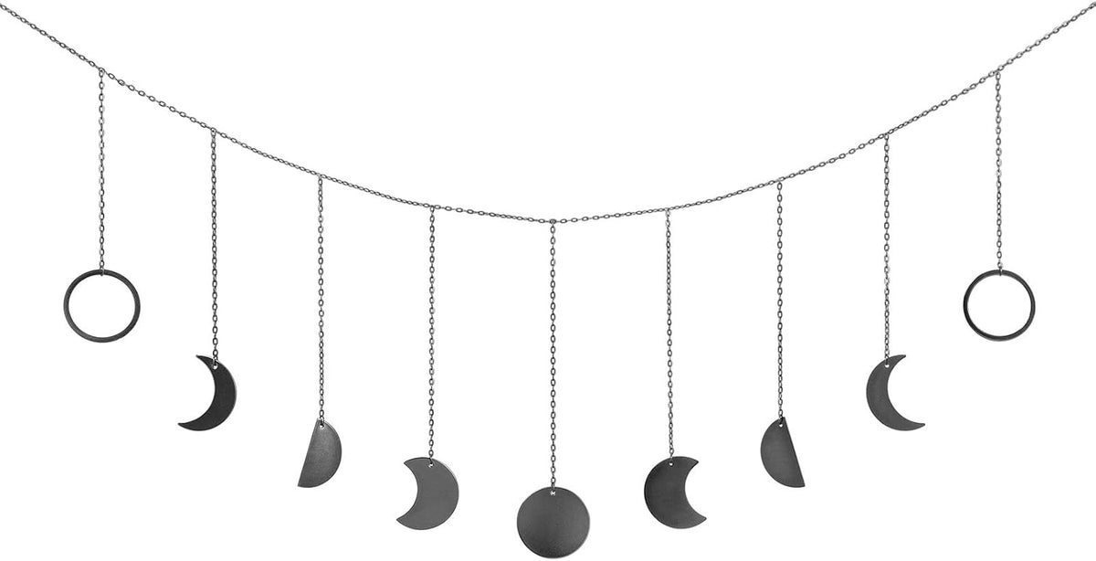 Mkono Moon Phase Wall Hanging Boho Aesthetic Room Decor Metal Moons Garland Hanging Art Bohemian Home Decoration for Girls Room Nursery Bedroom Livingroom Dorm, Ideal, Black, 50"