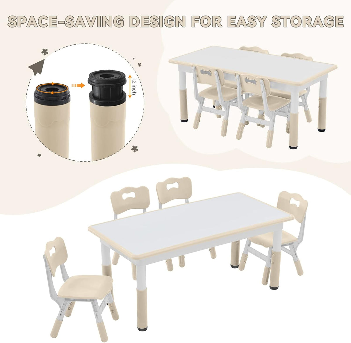 Kids Study Table and Chairs Set, Height Adjustable Toddler Table and Chair Set for Kids Ages 3-8, Graffiti Desktop (Burlywood - 1)