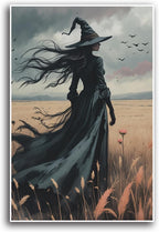 JFHCQJPK Gothic Decor Canvas Wall Art Witch in Rice Field Halloween Art Decor Print Nature Print Victorian Home Bedroom16x24in Frameless