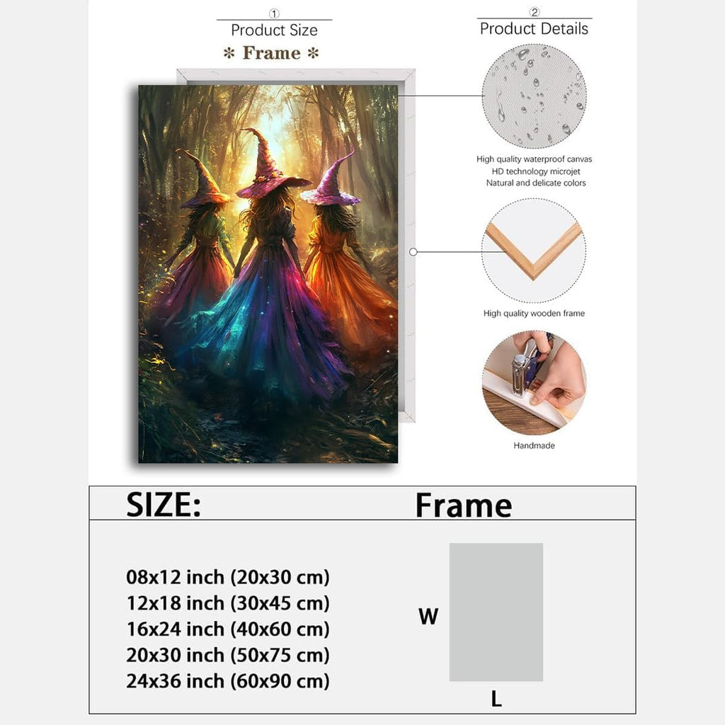 Halloween Room Decor Wall Art Colorful Witch Prints,Vintage Three Colorful Witches in Forest Halloween Posters,Fall Fantasy Aesthetic Pictures Playful Art Wall Decor for Bedroom,24"x36" Framed