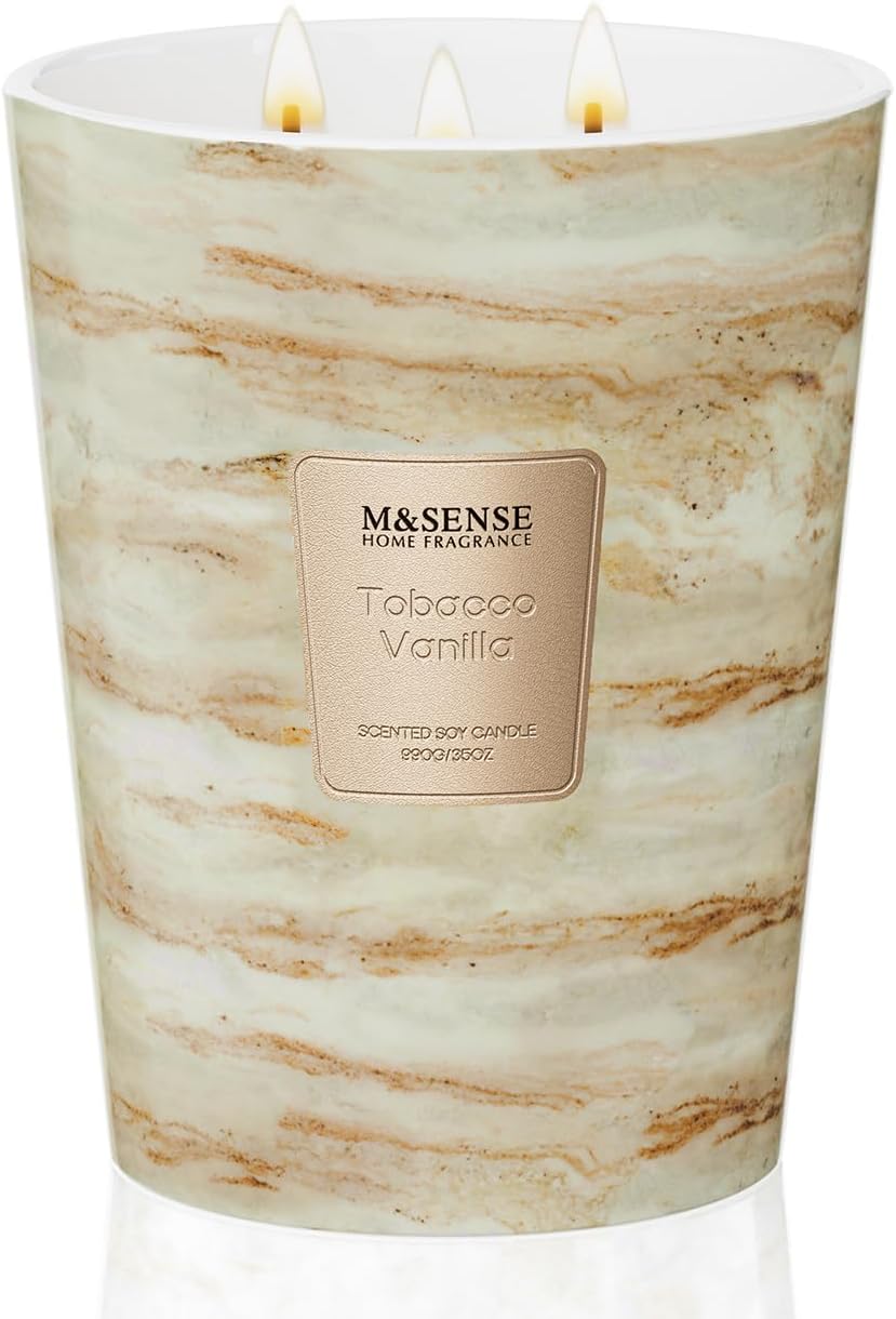 M&SENSE TobaccoVanilla Scented Candles for Home, 3-Wick Highly Scented Jar Candles, Extra Large Candle 35 Oz 150 Hours Long Lasting Burning, Relaxing Aromatherapy Candle for Stress Relief, Meditation