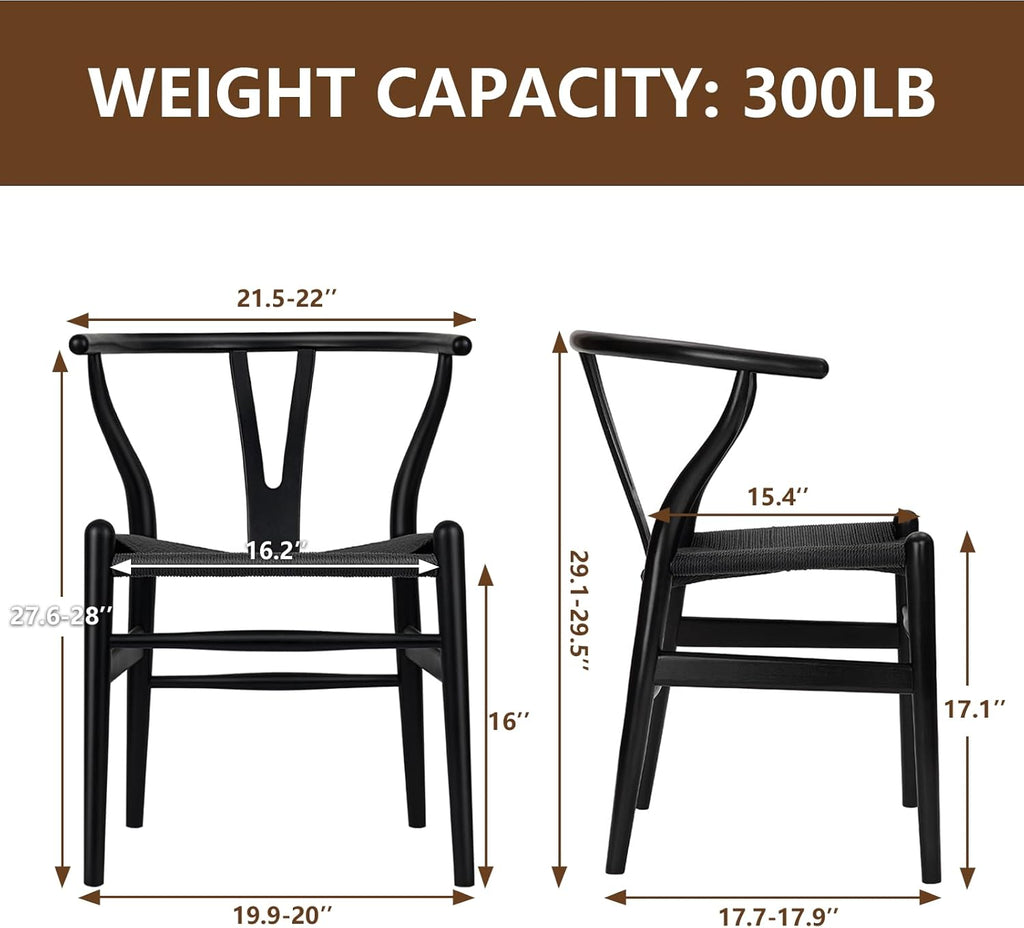 Wishbone Chair Natural Solid Wood Dining Chair/Hans Wegner Y Chair Rattan and Wood Accent Armrest Chairs Set of 4 (Ash Wood + Black 4 Chairs)