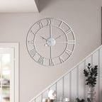 LEIKE 32" Large Modern Wall Clocks,Vintage,Round,Nearly Silent,Little Ticking,Battery Operated,Silver Metal Roman Numerals Clock for Living Room/Bedroom/Kitchen Wall Decor