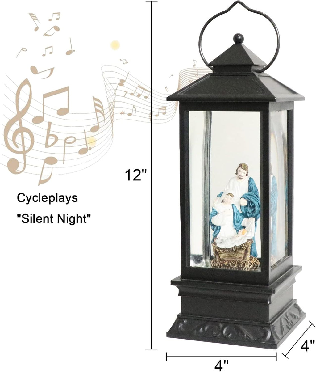 Eldnacele Battery Operated Plug-in Musical Lighted Christmas Water Snowing Glittering Snow Globe Lantern with Timer Christians Nativity Lantern Decor, Holy Family