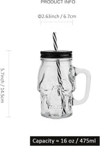 Halloween Cups Set of 4 - Skull Mason Jar with Lids Straws and Handle - Skull Drinking Glasses for Halloween Party Bar Decor (16 oz, Clear)
