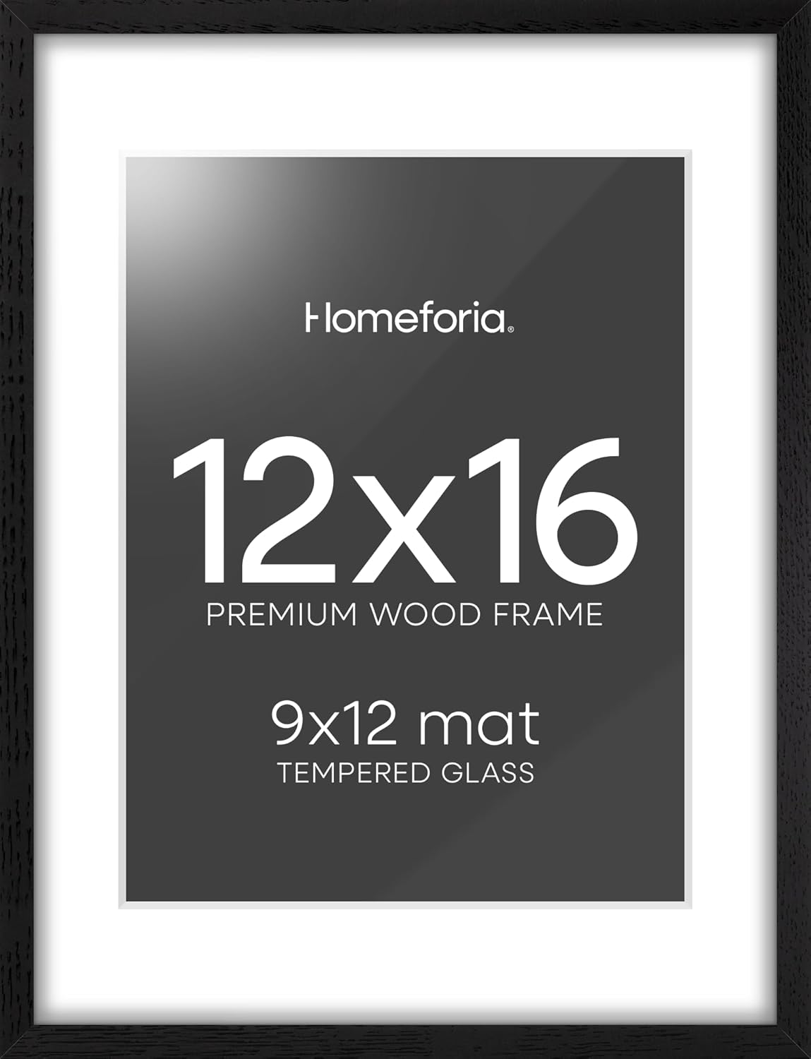 Homeforia 12x16 Black Wood Picture Frame, High End Oak 12x16 Poster Frames with Mat 9x12 Print, 12 x 16 Black Wooden Frame Matted to 9 by 12 Photo, 16x12 Thin Frame, Tempered Glass, Wall Kit, Set of 1