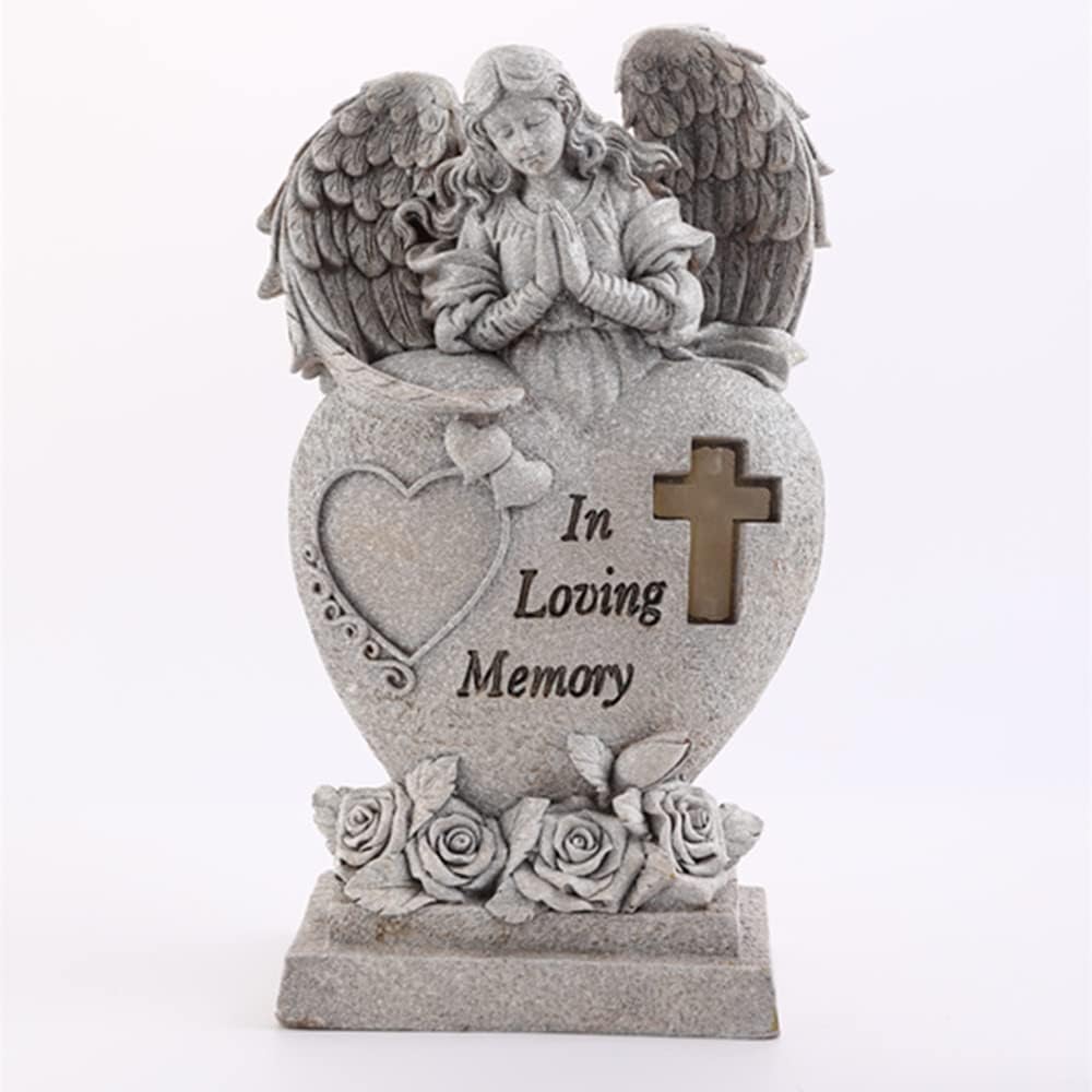 Garden Angel Statue with Cross Solar LED Light, Memorial Gifts for Loved Ones, Cemetery Grave Decorations
