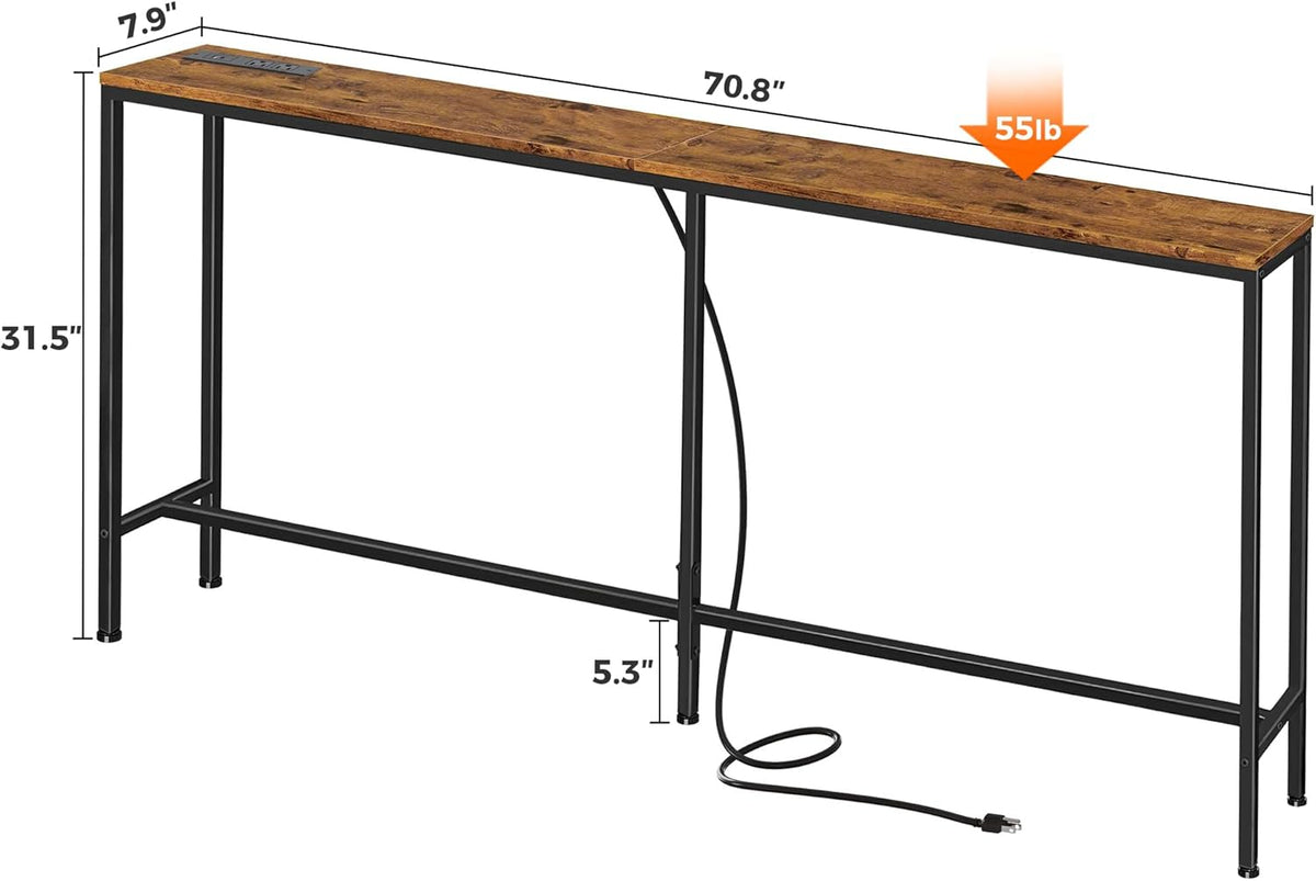 SUPERJARE 70 Inch Console Table with Outlet, Sofa Table with Charging Station, Narrow Entryway Table, Skinny Hallway Table, for Living Room, Rustic Brown
