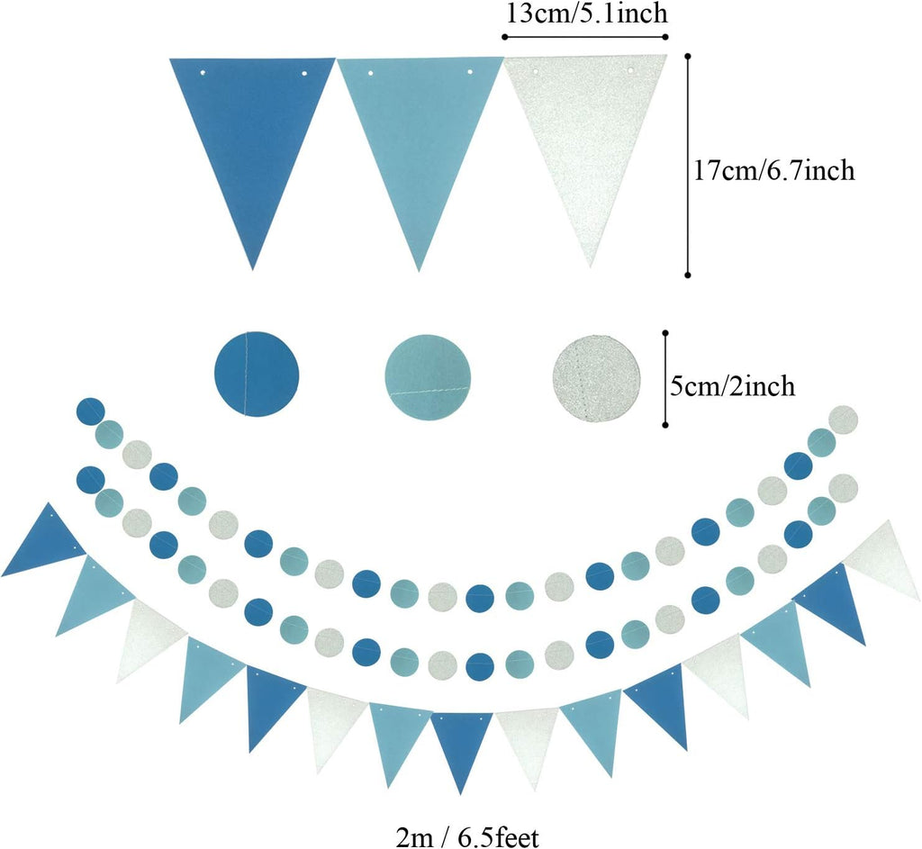 ZERODECO Party Decoration, 21 Pcs Blue Hanging Paper Fans, Pom Poms Flowers, Garlands String Polka Dot and Triangle Bunting Flags for Boy Birthday Parties, Bridal Showers, Baby Showers, Wedding
