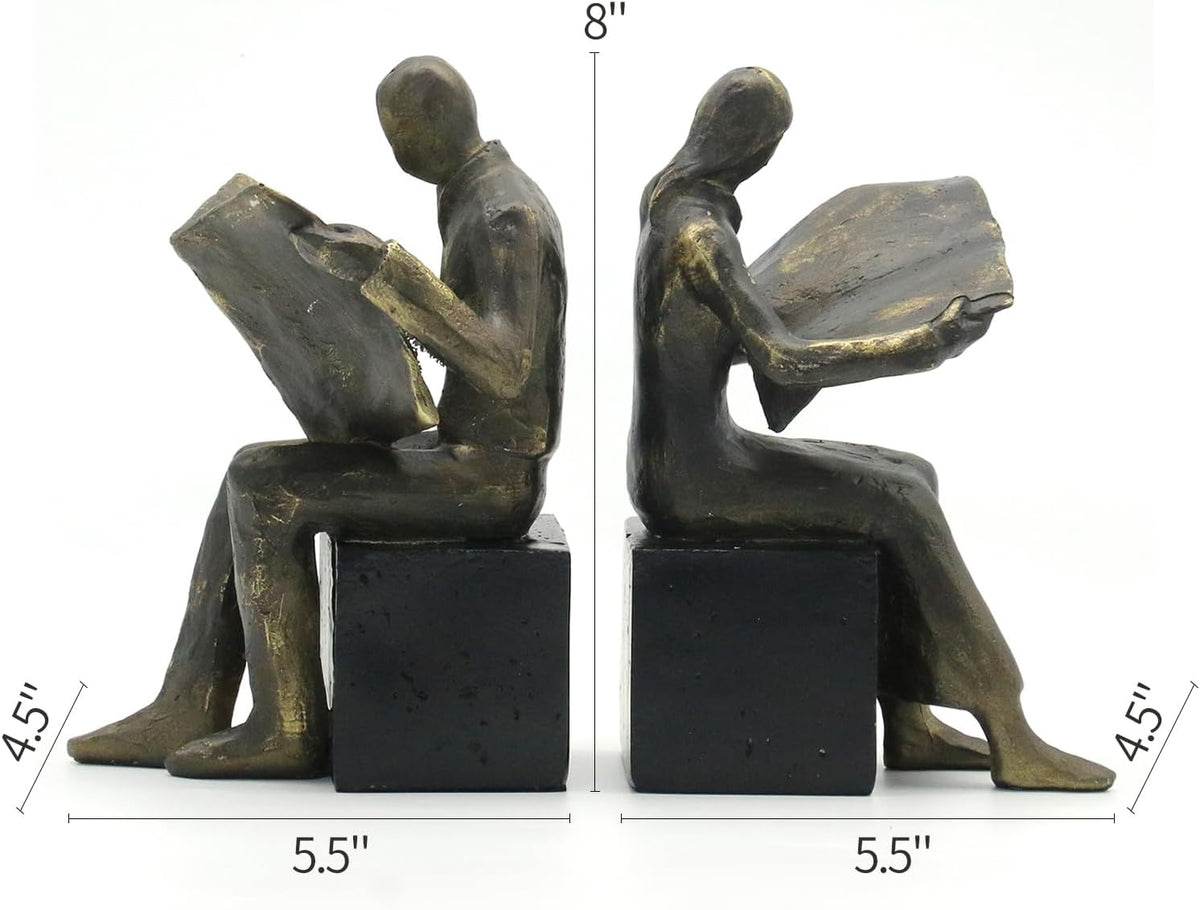 Lukitas Decorative Newspaper Reader Bookends, Heavy Duty Book Holder Non-Slip, Vintage Home Décor Accessories for Study Office Bookshelf, Bronze, Resin, 1Pair/2Piece