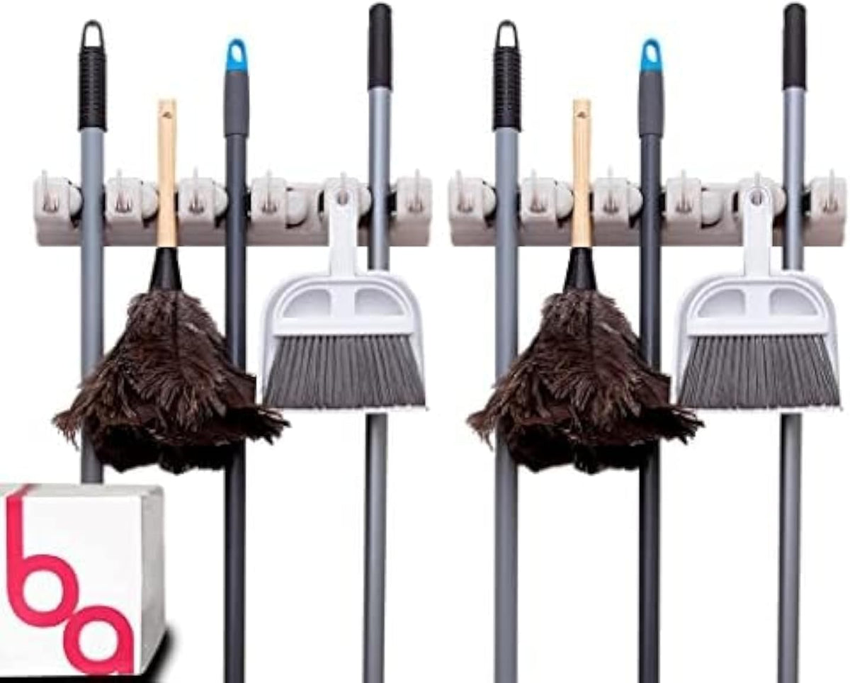 Berry Ave Broom Holder & Wall Mount Garden Tool Organizer- Kitchen, Closet, Garage & Laundry Room Storage With 5 Slots And 6 Hooks- Wall Holder For Broom, Rake & Mop Handles Up To 1.25” [Beige 2-Pack]