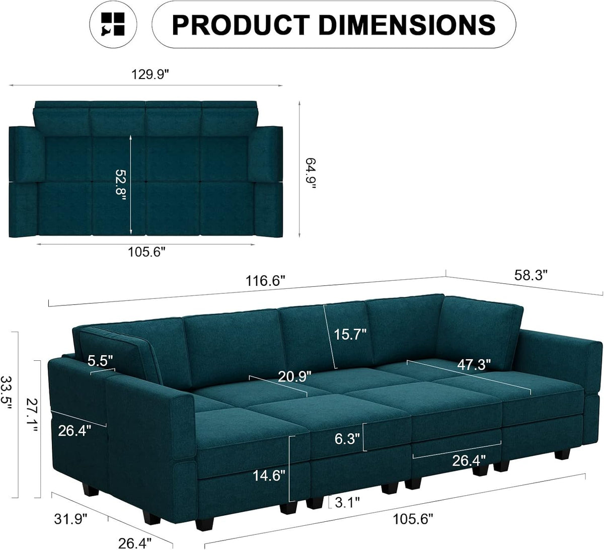 Belffin Modular Sectional Sleeper Sofa Bed Convertible Sectional Couches for Living Room. Peacock Blue Couch