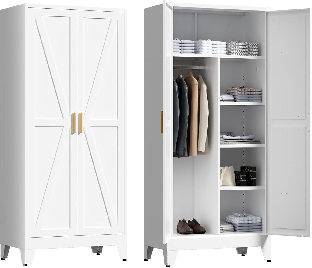 71'' Farmhouse Metal Wardrobe Cabinet with Hanging Rod, 2 Barn Door Wardrobe Closet with 5 Adjustable Shelves,Drawer,for Dining Room,Bedroom,Living Room, Cloak Room,Office (White)