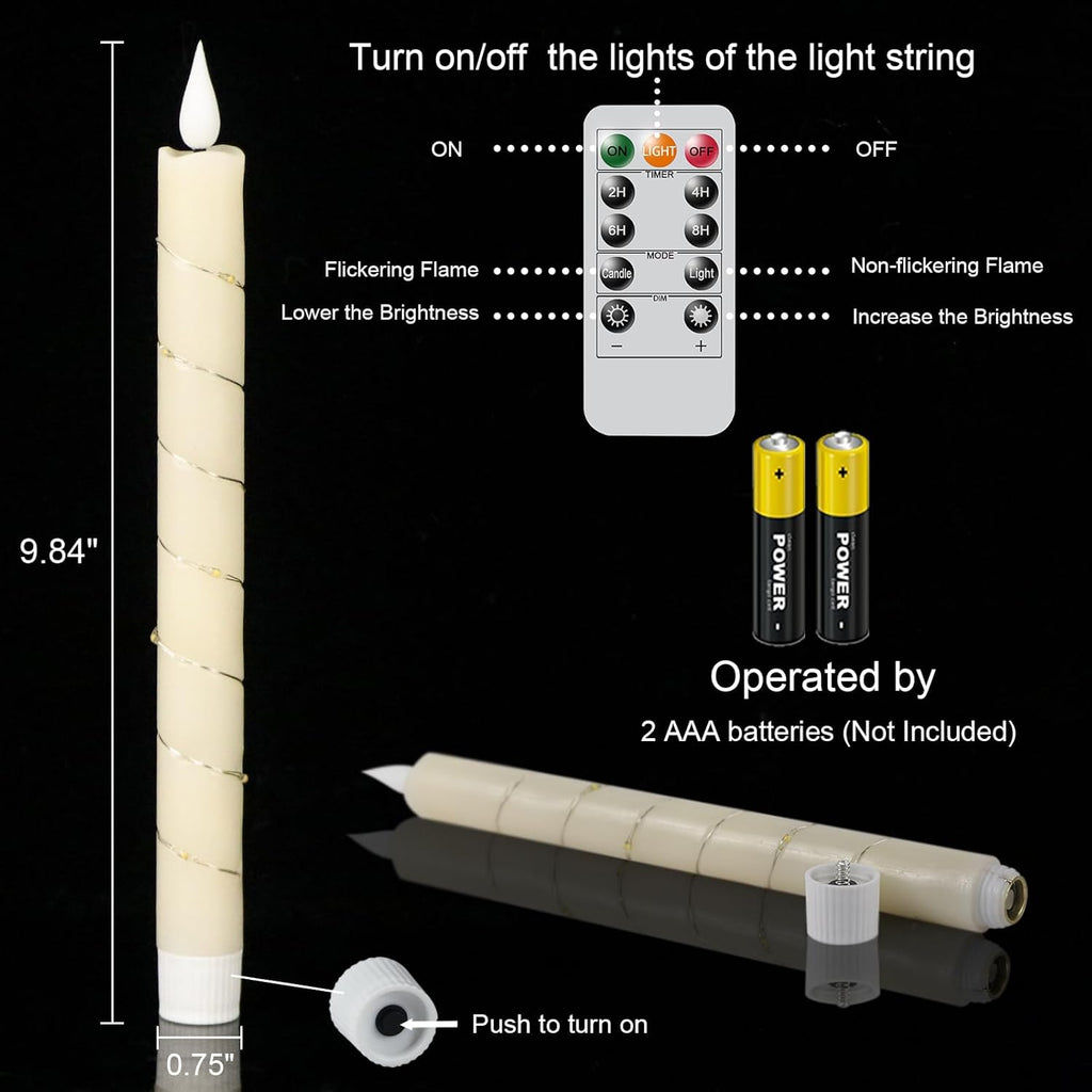 GenSwin Flameless Taper Candles with Remote and String Lights, Ivory Real Wax Taper Candles Battery Operated, LED Flameless Battery Candlesticks for Home Holiday Decor(Set of 6)