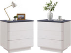 JXQTLINGMU 22" Modern Nightstand Set of 2 with Charging Station, Large Push-to-Open End Table, Wood Bedside Table, Curved Profile, Handleless 3 Drawer Night Stand for Bedroom, Living Room, Off White