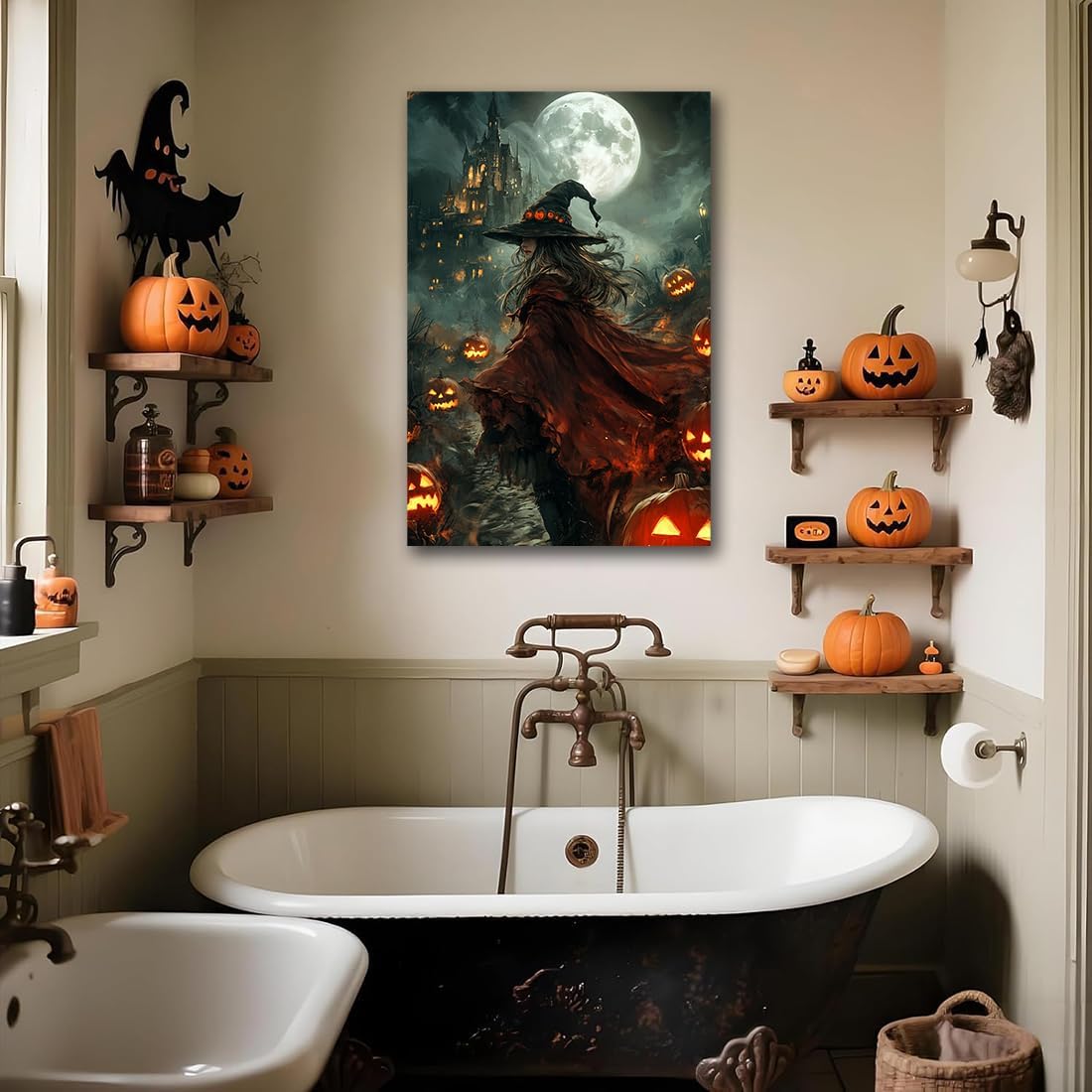 Dark and Moody Gothic Witch Poster Wall Art,Vintage Rustic Witch in Cloak with Castle Pumpkin Road Dark Gothic Poster,Goth Spooky Season Halloween Prints for Fantasy Office,24"x36" Unframed