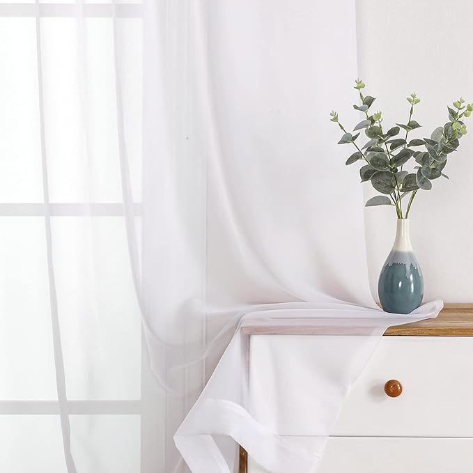 White Sheer Curtains 108" inches Length 2 Panels Set, Sheer Curtains Rod Pocket - Image 2
