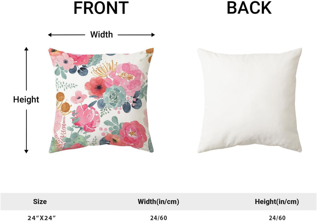 CXMEIFLY Spring Floral Pillow Covers 24 x 24 Inch Set of 2 for Watercolor Pink Flowers Decor Throw Pillows Green Leaves Plant Outdoor Decorative Cushion Cases with Zipper for Couch Bed Decorations