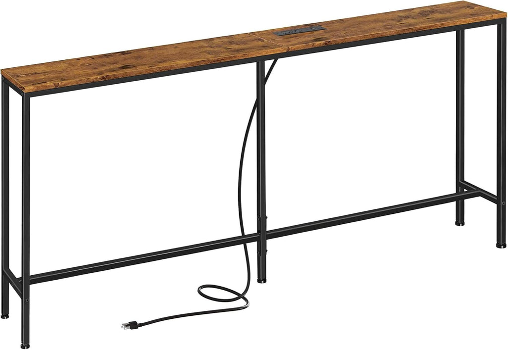 SUPERJARE 70 Inch Console Table with Outlet, Sofa Table with Charging Station, Narrow Entryway Table, Skinny Hallway Table, for Living Room, Rustic Brown