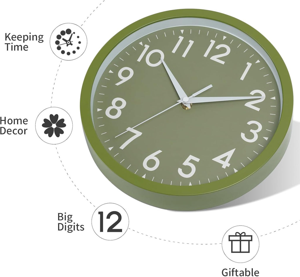 Wall Clock Small Analog 8 Inch Silent Non Ticking Battery Operated Modern Simple Decorative for Kitchen Office Bedroom Bathroom Living Room(Olive Green)